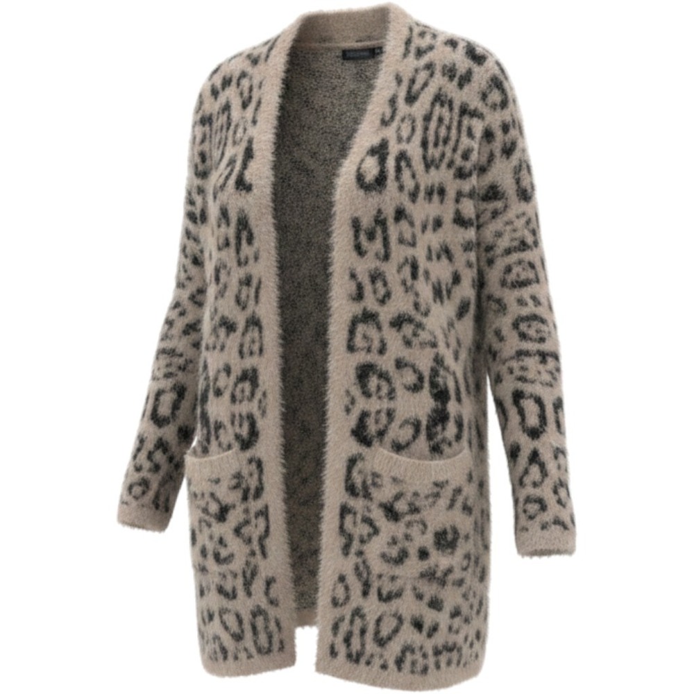 Janice Apparel Leopard Print Fuzzy Eyelash Knit Open Front Cardigan Tan Black OS